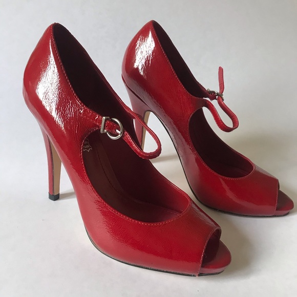 ALDO Red Leather Peep Toe Heels - Picture 4 of 6